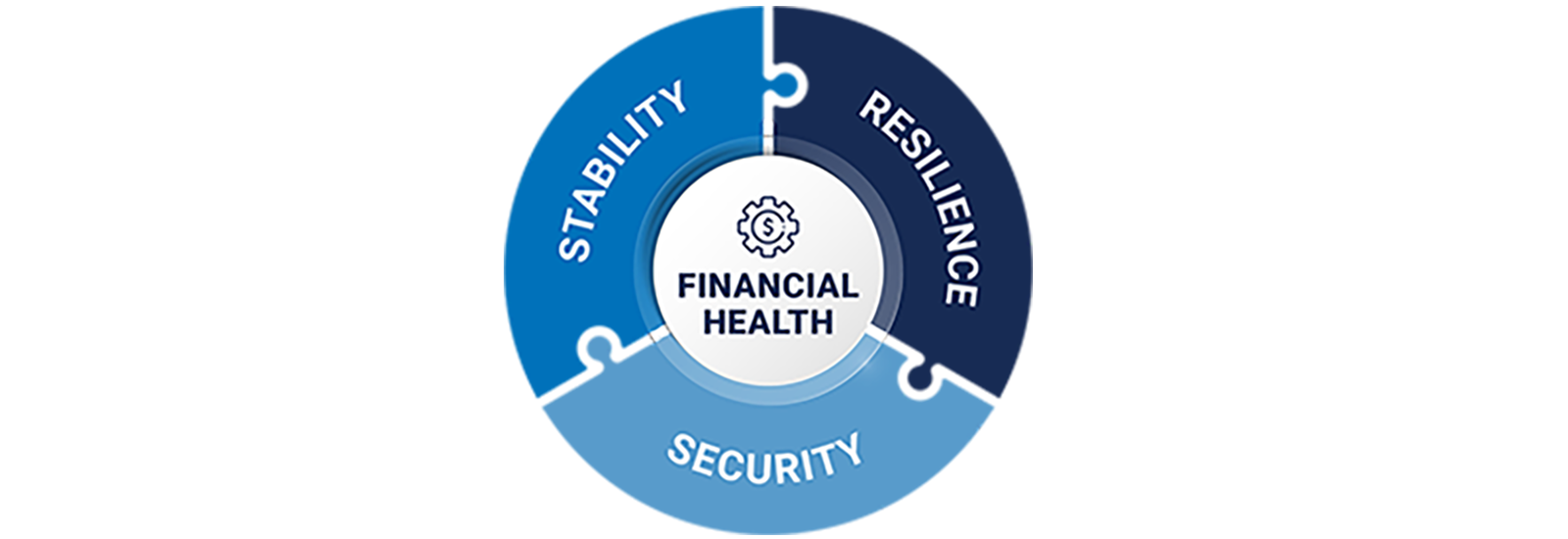 Circular graphic labeled 'Financial Health' at the center, surrounded by three interconnected sections: Stability, Resilience, and Security. Circular graphic labeled 'Financial Health' at the center, surrounded by three interconnected sections: Stability, Resilience, and Security.